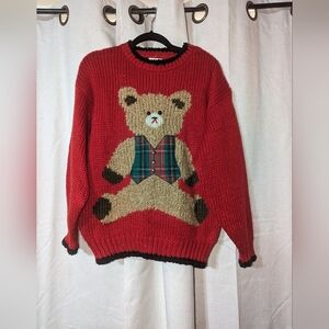 Vintage Handknit Teddy Bear In A Plaid Vest Sweater